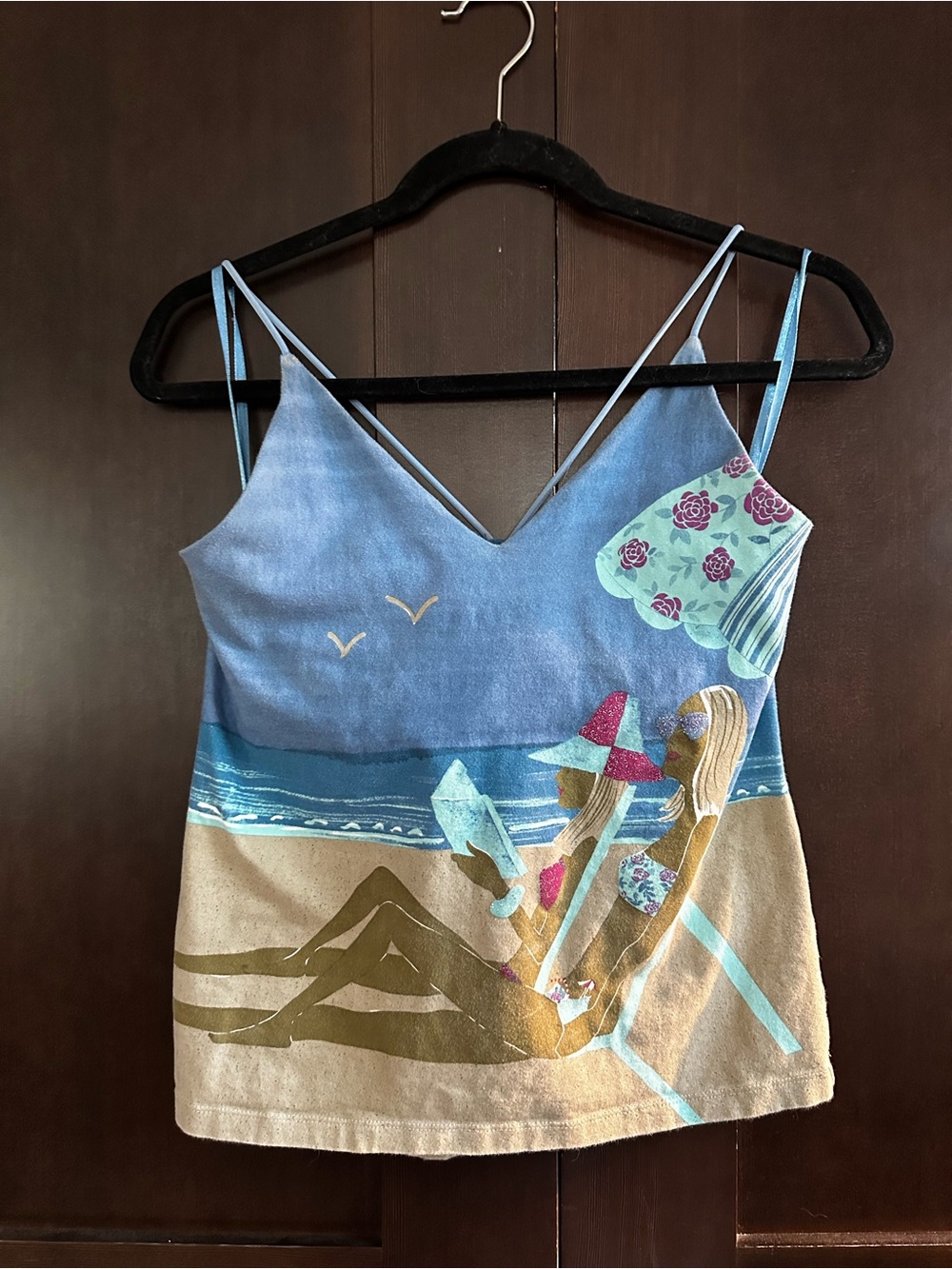 Susan Lawrence B.Y.B.B 
Blue & Tan Beach Scene Cami/halter Top